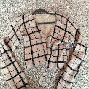 Urban Outfitters Checkered Fuzzy Cardigan - Pink and Black
